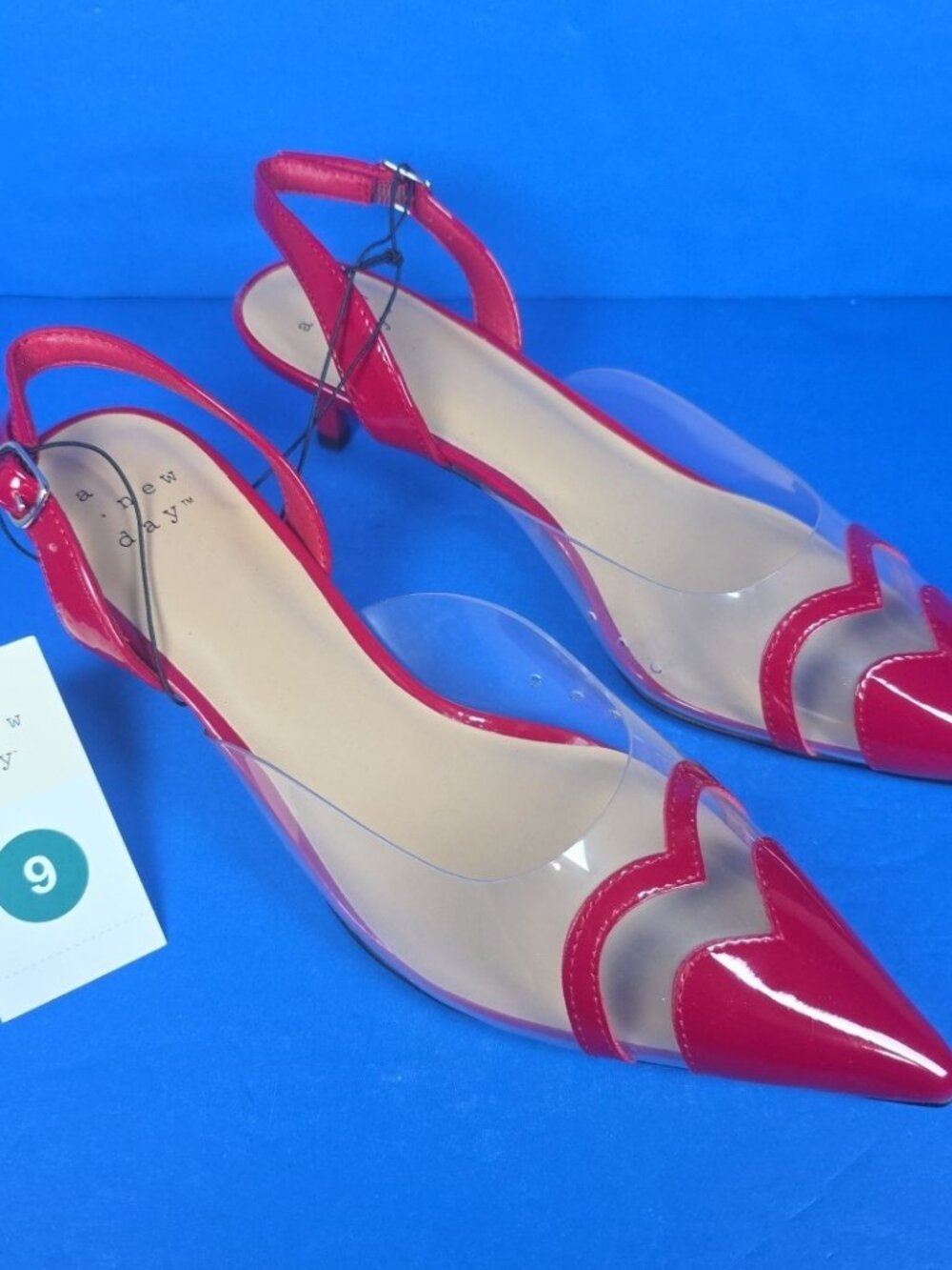 A New Day Shoes Women Red Clear Pointed Toe Heel Eleanor Heart Detail Size 9